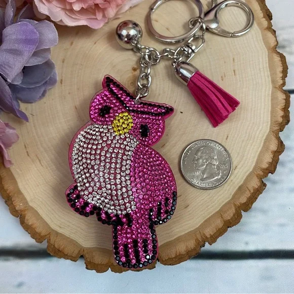 Hot Pink & Silver Rhinestone Owl Keychain & Tassel Charm - Picture 5 of 5